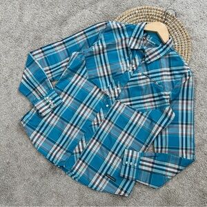 Simms Women’s Snap Button Down Shirt Longsleeve Outdoor Fishing UPF 50+ Blue M